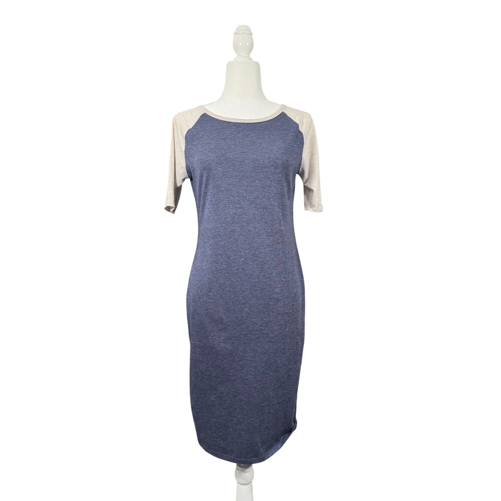 LuLaRoe Julia Dress Blue Grey Raglan Short Sleeve Heathered Knit Sheath Small
